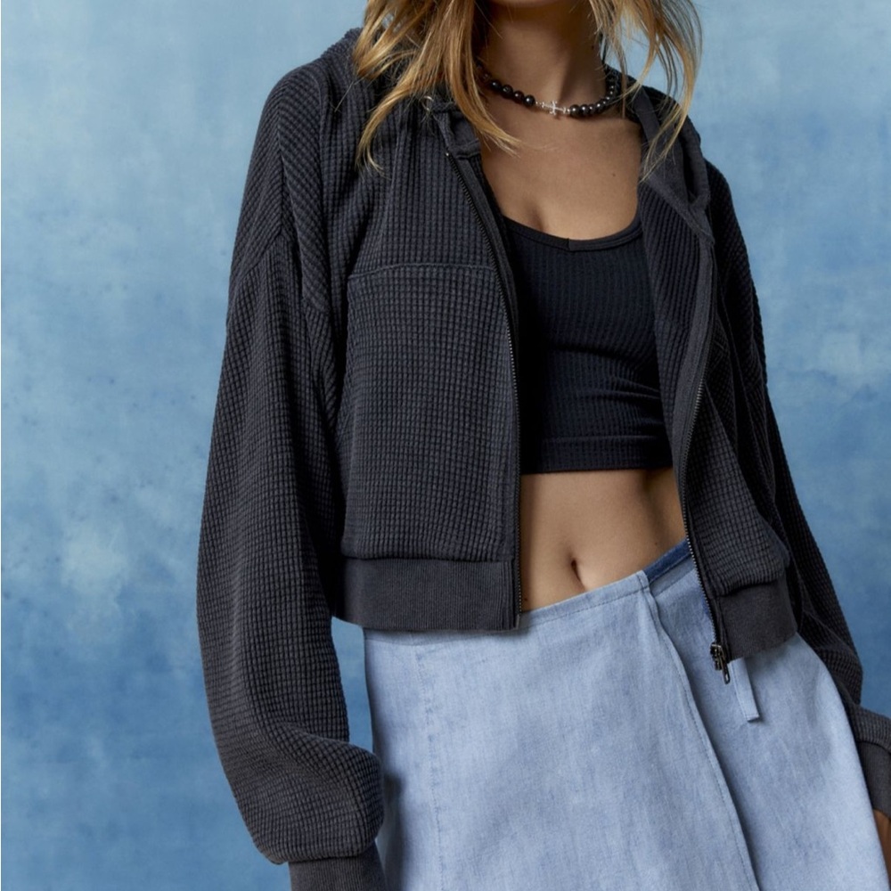 Urban Outfitters BDG Leah Waffle Knit Zip-Up Hoodie Washed Black - Size XS